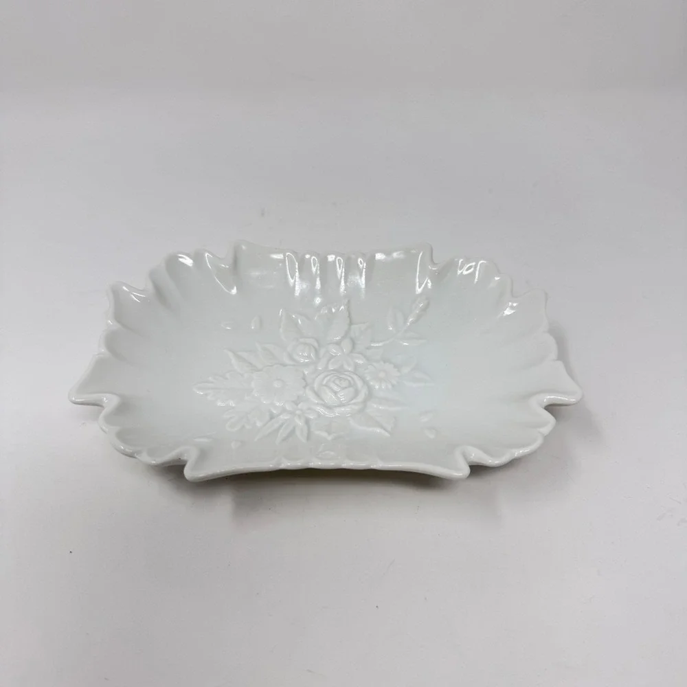 Vintage White Scalloped Porcelain Vanity Dish with Raised Floral Design – 6